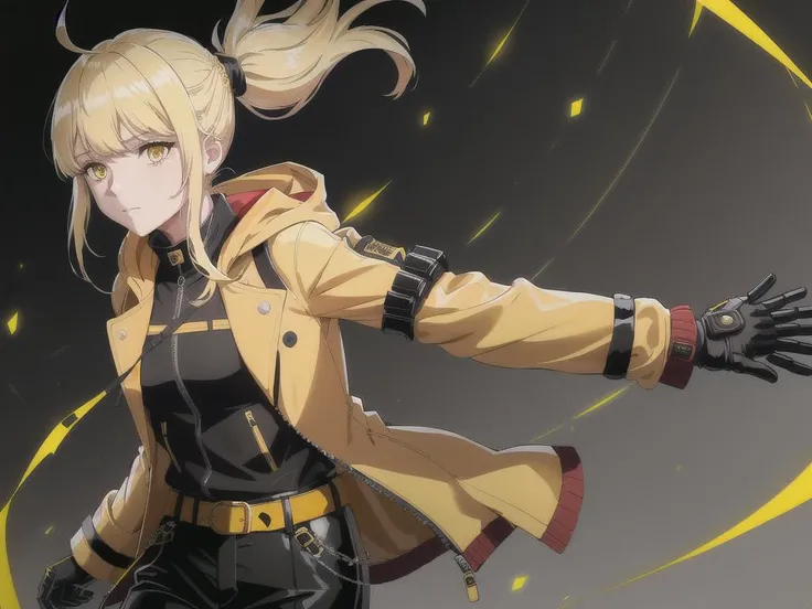 detailed background, best quality, masterpiece, (solo:1.2), parted bangs, upper body, black shirt, yellow eyes, belt, blonde hair, pants, bangs, jacket, black pants, automail, gloves, closed mouth, prosthesis, coat, mechanical arms, ahoge, hood, red coat, long sleeves, shirt, single braid, ponytail, single mechanical arm,