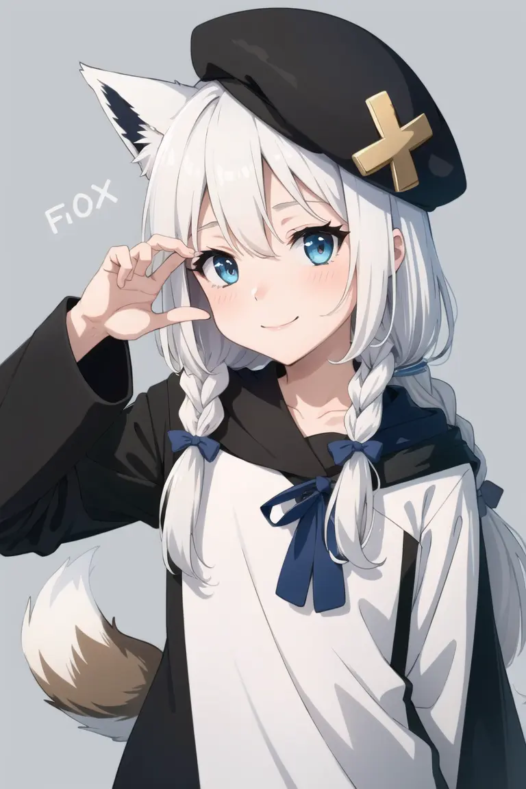 1girl, solo, long hair, looking at viewer, blush, smile, bangs, blue eyes, simple background, shirt, long sleeves, hat, bow, ribbon, animal ears, hair between eyes, closed mouth, collarbone, upper body, braid, ahoge, white hair, virtual youtuber, wide sleeves, character name, fox ears, black headwear, beret, blue background, fox girl, side braid, fox shadow puppet, shirakami fubuki