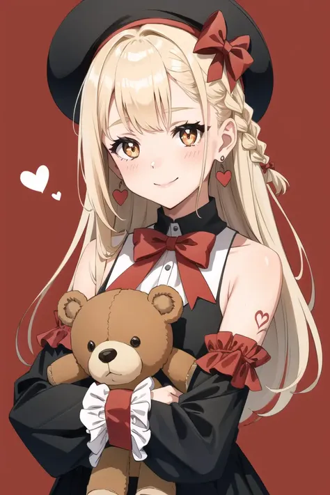 1girl, solo, looking at viewer, smile, bangs, hair ornament, hat, bow, ribbon, holding, bare shoulders, jewelry, closed mouth, upper body, braid, heart, earrings, detached sleeves, striped, wrist cuffs, symbol-shaped pupils, tattoo, heart-shaped pupils, stuffed toy, stuffed animal, bug, red background, teddy bear, striped bow, holding stuffed toy