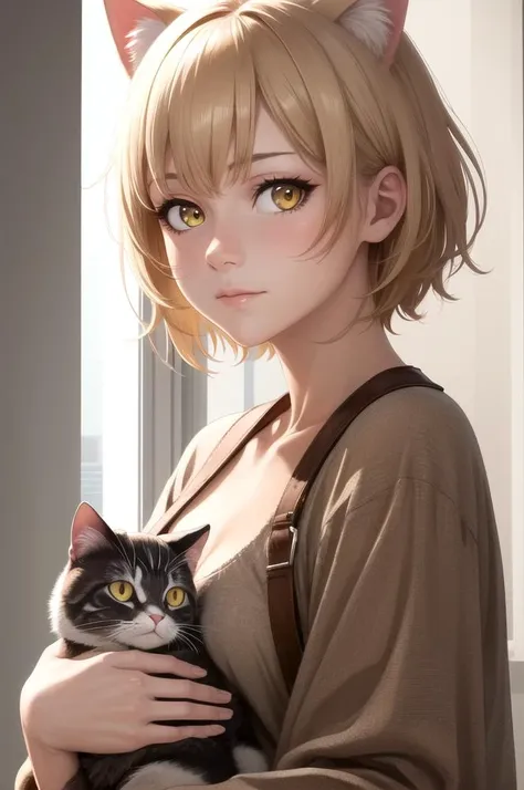 (8k), realistic, sharp focus, highres, 1girl, upper body, cat ears, blonde hair, (light-brown skin), yellow eyes, short hair, small breast, (closed mouth), (high quality:1.2), (high detail:1.2), (masterpiece:1.2), (extremely detailed:1.2)