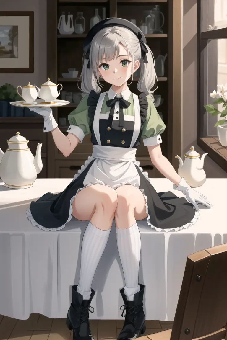 1girl, solo, long hair, looking at viewer, smile, bangs, skirt, shirt, gloves, hat, ribbon, holding, twintails, very long hair, closed mouth, hair ribbon, short sleeves, grey hair, boots, frills, socks, striped, white gloves, black skirt, black footwear, apron, english text, cup, kneehighs, black headwear, black ribbon, neck ribbon, buttons, bottle, frilled skirt, waist apron, vertical stripes, drinking glass, tray, teacup, green shirt, teapot, holding tray, in container, saucer, striped socks, in cup, sugar cube