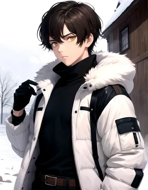 background, best quality, masterpiece, 1girl, (solo:1.2), white gloves, short hair, parted bangs, upper body, fur coat, yellow eyes, belt, brown hair, pants, 1boy,flight jacket, black pants, male focus,winder,breathing,outside,white breath,winder,snow,appalled to viewer,narrow his eye,tired with viewer,snow on a head