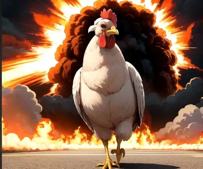 background, best quality, masterpiece, (solo:1.2),1 chicken walk towards to viewer,big explosion behind,focus to chickin,sunglass,Real Men Dont Look At Explosions