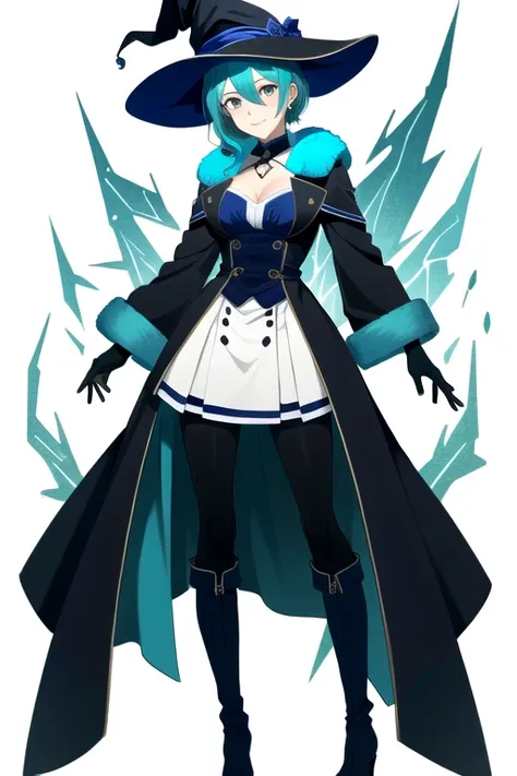 best quality, best aesthetic, (cubism, horror \(theme\):1.2), (vibrant colors:1.5) masterpiece, intricate details, fantasy, detailed character description, BREAK 1girl, solo, solo focus, full body, short hair with long locks, aqua hair, (smile, angry, upper teeth, blush), looking at viewer, hair between eyes, dynamic pose, contrapposto, cleavage, BREAK, (simple background:1.1), white background, BREAK buttons, skirt, boots, witch hat, earrings, white gloves, white pantyhose, idol costume, (frozen aura), fur-trimmed coat,