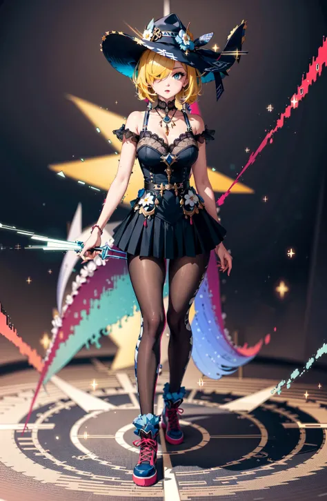 sharp, intricate, (highres), (vibrant colors:1.3), best quality, (ultra detailed:1.3), masterpiece, (retro), diagrams and statistics, avant garde, BREAK 1girl, (solo:1.1), yellow hair, hair over one eye, blue eyes, solo focus, full body, looking at viewer, breasts, contrapposto, collarbone, BREAK ("this is where you put expression"), simple background, BREAK magic circle, (light particles:1.3),headwear, gyaru, frilled shirt, hair tie, pantyhose, skirt, lace, company logo ads, tachi-e