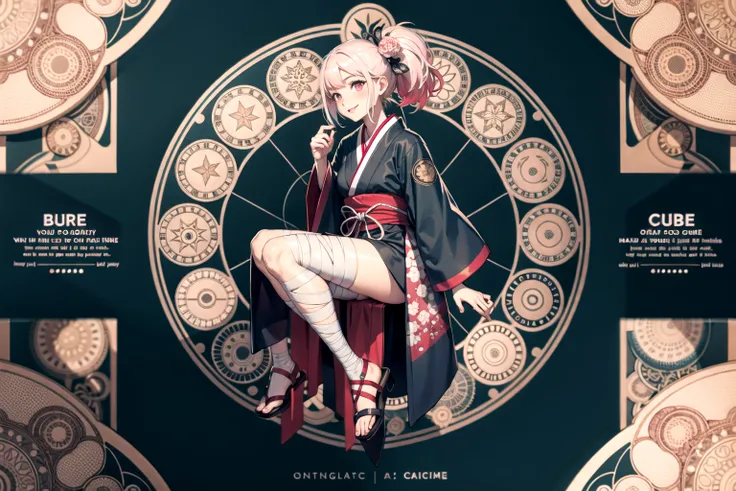sharp, intricate, (vibrant colors:1.2), best quality, (ultra detailed:1.3), masterpiece, (fantasy:1.2), diagrams and statistics, art nouveau BREAK 1girl, short hair, (multicolored hair, pink hair, white hair), solo focus, full body, looking at viewer, large breasts, BREAK (blush, smile), simple background, BREAK (magic circle), hair ornament, gyaru, japanese clothes, mksks style, sandals, (bandages:1.3), company logo ads, tachi-e