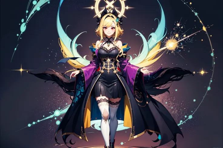 sharp, intricate, (highres), (vibrant colors:1.3), best quality, (ultra detailed:1.3), masterpiece, (retro), diagrams and statistics, art nouveau, BREAK 1girl, (solo:1.1), yellow hair, sidelocks, red eyes, solo focus, full body, looking at viewer, breasts, contrapposto, own hands together, BREAK (smile, blush, closed mouth), simple background, BREAK magic circle, (light particles:1.3), hair ornament, gyaru, frilled shirt, robe, hair tie, white legwear, skirt, lace, company logo ads, tachi-e