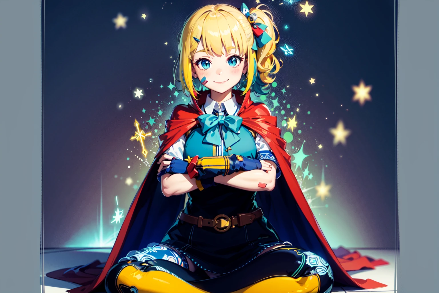 sharp, intricate, (highres), (vibrant colors:1.3), best quality, (ultra detailed:1.3), masterpiece, (retro), diagrams and statistics, art nouveau border BREAK 1girl, (solo:1.1), yellow hair, side ponytail, blue eyes, solo focus, full body, looking at viewer, breasts, contrapposto, crossed arms, BREAK (smile, blush, closed mouth), simple background, BREAK magic circle, (light particles:1.3), hair ornament, crossed bandaids, indian style, barefoot, red cape, bowtie, black legwear, skirt, lace, company logo ads, tachi-e