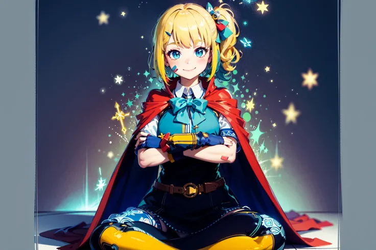 sharp, intricate, (highres), (vibrant colors:1.3), best quality, (ultra detailed:1.3), masterpiece, (retro), diagrams and statistics, art nouveau border BREAK 1girl, (solo:1.1), yellow hair, side ponytail, blue eyes, solo focus, full body, looking at viewer, breasts, contrapposto, crossed arms, BREAK (smile, blush, closed mouth), simple background, BREAK magic circle, (light particles:1.3), hair ornament, crossed bandaids, indian style, barefoot, red cape, bowtie, black legwear, skirt, lace, company logo ads, tachi-e