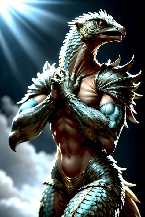 (Realistic:1.5) horror (theme) holding weapon armpits gauntlets giant scales feathers eye focus animal closed eyes shoulder armor creature magic tail <lora:EdobFireAlienSoul_v1.0:0.8>