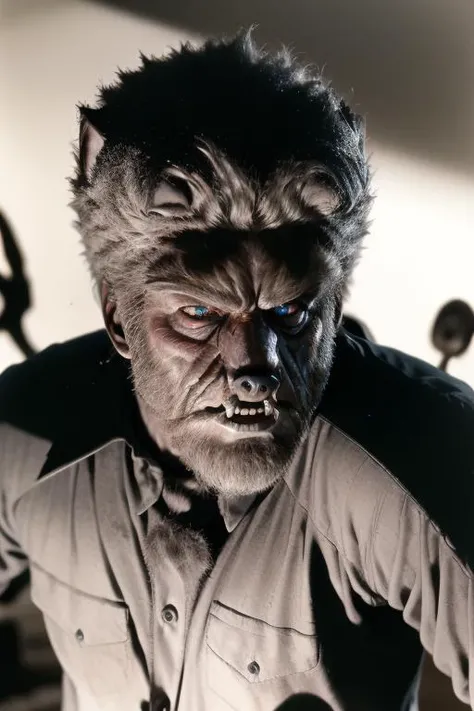 <lora:envybetterhandsLocon_alpha3:1>,    <lora:TheWolfMan:1>, twm1, vintage movie still from the movie wolf man, a wolf man