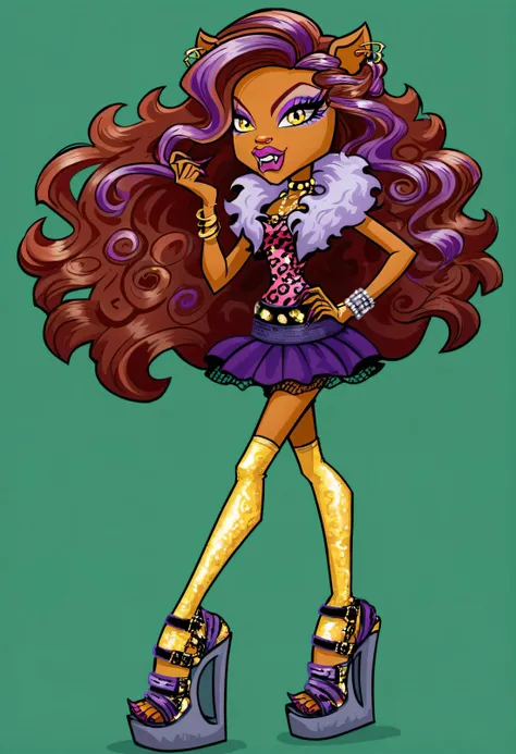score_9, score_8_up, score_7_up, score_6_up, , <lora:Clawdeen_-_Monster_High_PONY_XL:1>, clawdeen, yellow eye, purple eyeshadow, fangs, claws, animal ear, ear piercing, full lips, plumps lips, 1girl, solo, animal ears, makeup, eyeshadow, jewelry, long hair, dark skin, skirt, dark-skinned female, high heels, platform footwear, green background, purple hair, earrings, platform heels, yellow eyes, bracelet, hand on hip, simple background, fashion, full body, brown hair, lipstick, purple eyeshadow, very long hair, furry female, eyeliner, leopard print, looking at viewer, fur-trimmed jacket, jewelry, ear piercing, purple miniskirt, animal print shirt, makeup, thighhighs, eyeshadow, fangs, claws,