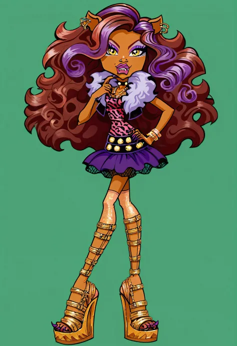 score_9, score_8_up, score_7_up, score_6_up,  , <lora:Clawdeen_-_Monster_High_PONY_XL:1>, clawdeen, yellow eye, purple eyeshadow, fangs, claws, animal ear, ear piercing, full lips, plumps lips, 1girl, solo, animal ears, makeup, eyeshadow, jewelry, long hair, dark skin, skirt, dark-skinned female, high heels, platform footwear, green background, purple hair, earrings, platform heels, yellow eyes, bracelet, hand on hip, simple background, fashion, full body, brown hair, lipstick, purple eyeshadow, very long hair, furry female, eyeliner, leopard print, looking at viewer, fur-trimmed jacket, jewelry, ear piercing, purple miniskirt, animal print shirt, makeup, thighhighs, eyeshadow, fangs, claws,