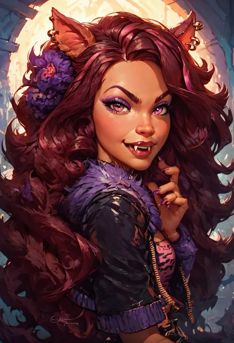 score_9, score_8_up, score_7_up, score_6_up,  <lora:Clawdeen_-_Monster_High_PONY_XL:1>, clawdeen,  fang, claws, purple eyeshadow, animal ears, ear piercing,