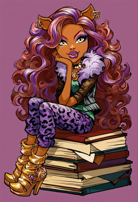 score_9, score_8_up, score_7_up, <lora:Clawdeen_-_Monster_High_PONY_XL:1>,  clawdeen, yellow eye, purple eyeshadow, fangs, claws, animal ear, ear piercing, full lips, plumps lips, 1girl, solo, animal ears, makeup, sitting, book, long hair, eyeshadow, purple hair, high heels, multicolored hair, yellow eyes, dark skin, purple background, book stack, lipstick, boots, dark-skinned female, pants, crossed legs, jewelry, furry, fur-trimmed jacket, jewelry, ear piercing, purple miniskirt, animal print shirt, makeup, thighhighs, eyeshadow, fangs, claws,, sitting on books
