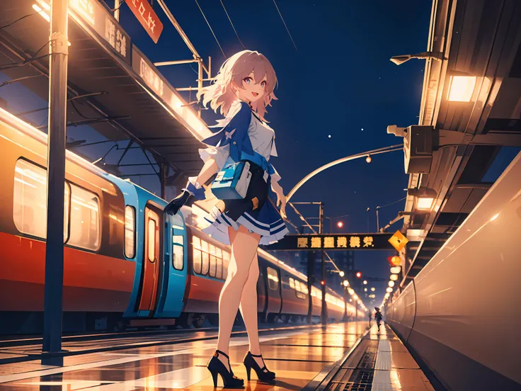 ((masterpiece,best quality)), 1girl, march7th, single glove, black heels, holding camera, train station, train, depth of field, night, smile, open mouth, walking, from side, floating hair,