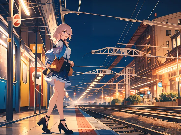 cute girl with blue eyes , short hair , mini skirt, long legs , medium breasts, translucent white shirt, see through shirt, at a train station in a small english town , in autumn season