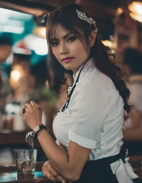 bangkok, <lora:bargirl:1.0> photo of bargirl, dressed as a maid,  bargirllocation looking at the viewer,  tack sharp, professionally color graded dslr