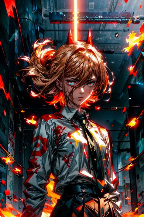r1ge, (blood:1.3),glowing, aura, energy, beam, flying debris, [serious|angry], floating hair, muscular,deep shadow, (power_csm, blonde hair,cross-shaped pupils, symbol-shaped pupils, red horns, white buttoned shirt, blue jacket, black necktie:1.2), ((masterpiece, best quality)),(dark red theme:1.2),<lora:87153:1.2>, <lora:118229:1>,<lora:124492:0.8>