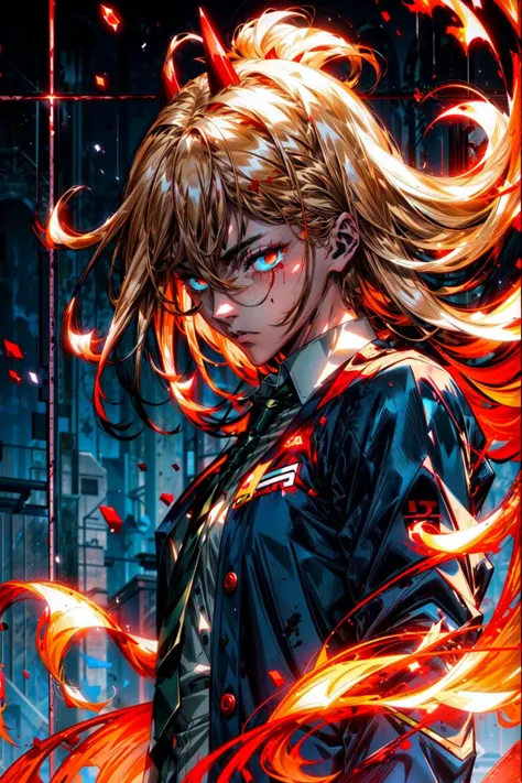 r1ge, (blood:1.3),glowing, aura, energy, beam, flying debris, [serious|angry], floating hair, muscular,deep shadow, (power_csm, blonde hair,cross-shaped pupils, symbol-shaped pupils, red horns, white buttoned shirt, blue jacket, black necktie:1.2), ((masterpiece, best quality)),(dark red theme:1.2),<lora:87153:1.2>, <lora:118229:1>,<lora:124492:0.8>