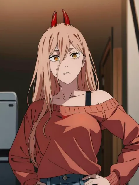 upper body, (best quality), (masterpiece), (solo), 1girl, power_csm, blonde hair, yellow eyes, cross-shaped pupils, symbol-shaped pupils, (2 red horns:1.6), sharp teeth, blue jeans, pink sweater, slightly visible black bra straps across shoulders, anime, line art, csm anime style, closed mouth , <lora:power_csm:1>, hands on hips, strand of hair goes across full face, arched forward slightly