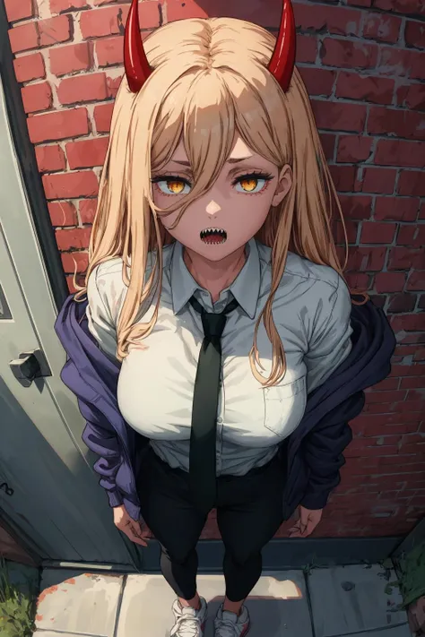 best quality, masterpiece, 1girl, shy, <lora:power_csm:0.7>power_csm, blonde hair, yellow eyes, cross-shaped pupils, symbol-shaped pupils, red horns, sharp teeth, white buttoned shirt, blue jacket, black necktie, black pants, sneaker shoes, standing in front of a brick wall, end of the day, from front, looking at the viewer, <lora:more_details:0.2>