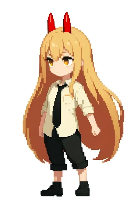 (white background:1.4),simple background,<lora:pixel_f2:0.5>,pixel,pixel art,
1girl, power_csm, blonde hair, long hair, yellow eyes, red horns, white buttoned shirt, black necktie, black pants, solo, standing <lora:power_csm:1>