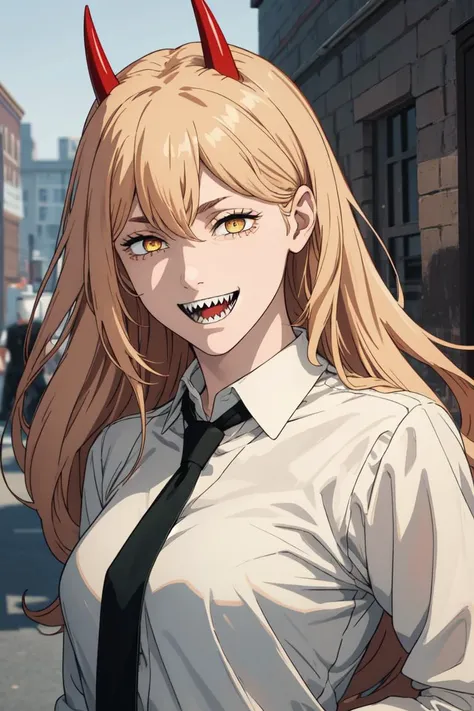 (best quality), (masterpiece), (solo), 1girl, power_csm, blonde hair, yellow eyes, cross-shaped pupils, symbol-shaped pupils, red horns, white buttoned shirt, black necktie, sharp teeth, grin, <lora:power_csm:0.7>,