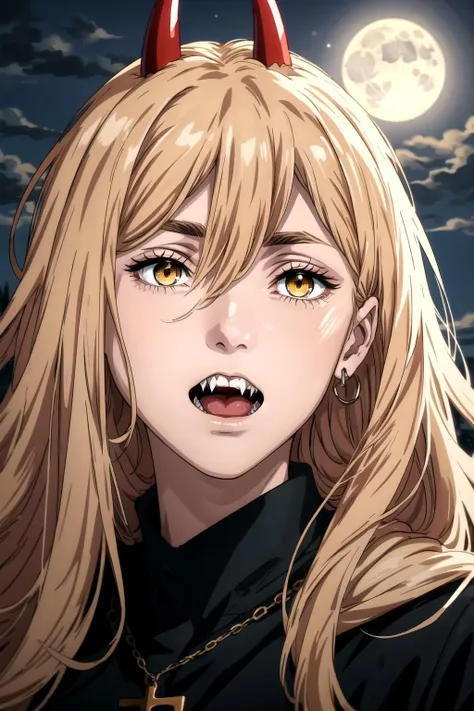 <lora:more_details:0.3>, solo, very detailed, 1girl,  detailed face, blonde hair, yellow eyes, cross-shaped pupils, symbol-shaped pupils, red horns, sharp teeth, outside, at night, moonlight
