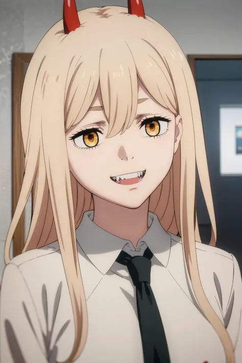 masterpiece, best quality, 1girl, power_csm, blonde hair, long hair, yellow eyes, cross-shaped pupils, red horns, white buttoned shirt, black necktie, black pants, sharp teeth, grin, solo, tokyo street <lora:power_csm:1> <lora:animelike_2:1>