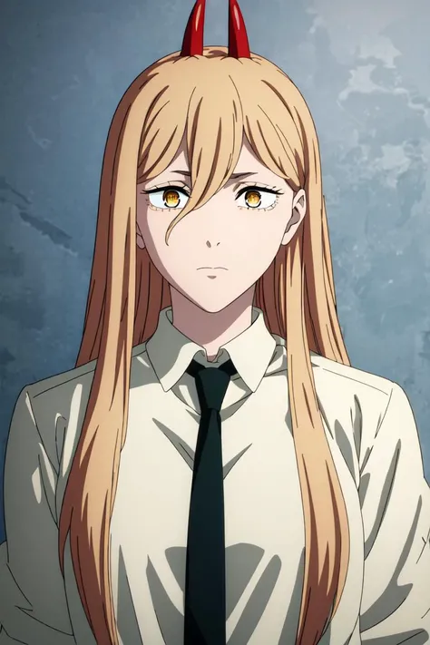 upper body, (best quality), (masterpiece), (solo), 1girl, power_csm, blonde hair, yellow eyes, cross-shaped pupils, symbol-shaped pupils, red horns, white buttoned shirt, black necktie, csm anime style, <lora:power_csm:0.7>,  <lora:csm_anime_style_offset:0.5>
