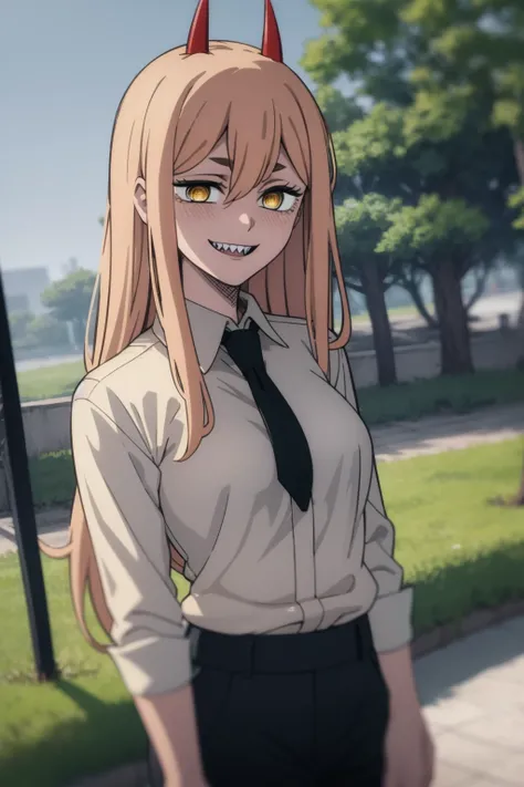 masterpiece, best quality, 1girl, power_csm, blonde hair, long hair, yellow eyes, cross-shaped pupils, red horns, hands behind back, (white buttoned shirt), black necktie, black pants, sharp teeth, grin, solo, outdoors, park background <lora:power_csm:1> <lora:VanripArt_05:0.8>
