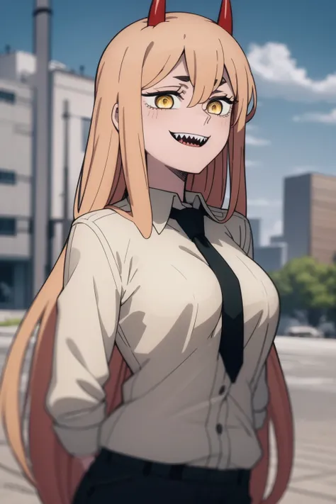 masterpiece, best quality, 1girl, power_csm, blonde hair, long hair, yellow eyes, cross-shaped pupils, red horns, hands behind back, (white buttoned shirt), black necktie, black pants, sharp teeth, grin, solo, outdoors, park background <lora:power_csm:1> <lora:VanripArt_05:0.8>