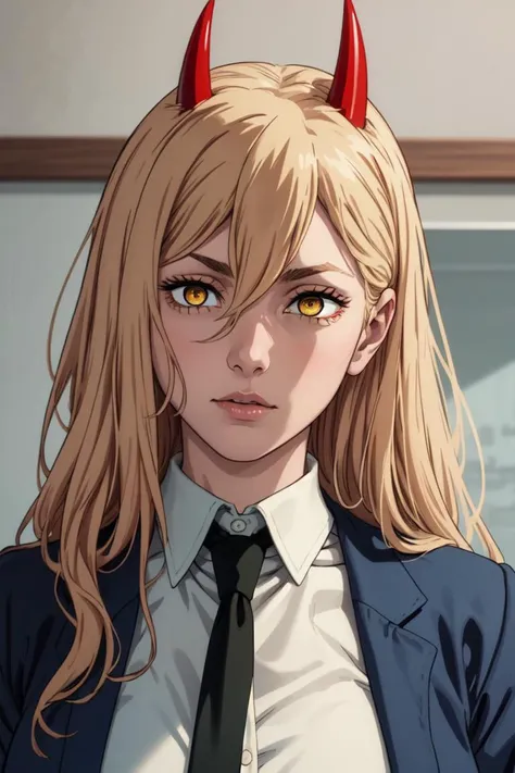 (best quality), (masterpiece), (solo), 1girl, power_csm, blonde hair, yellow eyes, cross-shaped pupils, symbol-shaped pupils, red horns, white buttoned shirt, blue jacket, black necktie, <lora:power_csm:0.7>,