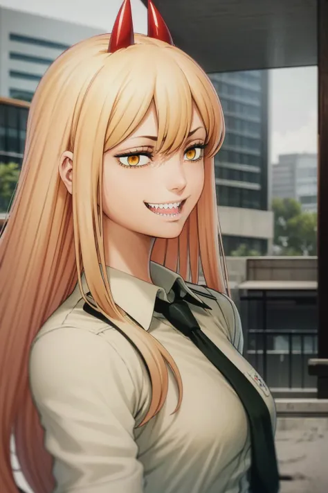 masterpiece, best quality, 1girl, power_csm, blonde hair, long hair, yellow eyes, cross-shaped pupils, red horns, white buttoned shirt, black necktie, black pants, sharp teeth, grin, solo, tokyo street <lora:power_csm:1> <lora:OmarDogan_08v2:1>