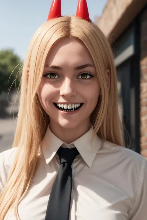 (best quality), (masterpiece), (solo), 1girl, power_csm, blonde hair, yellow eyes, cross-shaped pupils, symbol-shaped pupils, red horns, white buttoned shirt, black necktie, sharp teeth, grin, <lora:power_csm:0.7>,