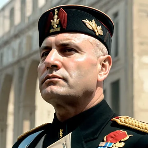 RAW photo, a close up portrait photo of BenitoMussolini in elegant uniform, (bald), in color, pale skin, slim body, background is city ruins, (high detailed skin:1.2), 8k uhd, dslr, soft lighting, high quality, film grain, Fujifilm XT3, <lora:Hellloo:0.75>
