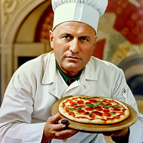 award winning photo of BenitoMussolini, in color, (wearing white chef hat), cooking hat, (holding pizza in hand), highly detailed, masterpiece, hdr, intricate detail, skin pores, light reflection, 8k, 4k, <lora:Hellloo:0.7>