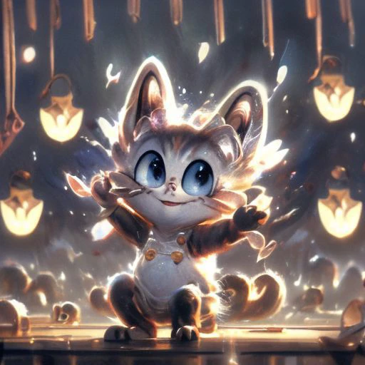 404 not found, ((masterpiece:1.3,concept art,best quality)),very cute appealing anthropomorphic kitten,looking at the fruit,big grin,happy,fruit,,droplets,macro,fog,cartoon art,dynamic composition,dramatic lighting,epic realistic,award winning illustration