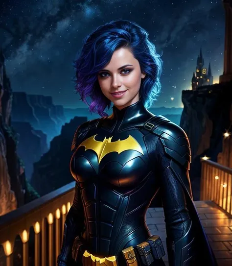 masterpiece,best quality,batman,tlsw,(short hair:0.5),(blue eyes:0.8), <lora:batman-000009:0.3>,castle,night sky,light smile,looking at viewer, standing,close-up, <lora:tlsw_v1.2_5400_lora:0.7>,canyon,cliff,synthwave,glowing  neon  lights,stars in the eyes, messy floating hair, colored inner hair, Starry sky adorns hair, depth of field,