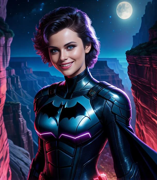 masterpiece,best quality,batman,tlsw,(short hair:0.5),(blue eyes:0.8), <lora:batman-000009:0.3>,castle,night sky,light smile,looking at viewer, standing,close-up, <lora:tlsw_v1.2_5400_lora:0.7>,canyon,canyon,cliff,synthwave,glowing neon lights,