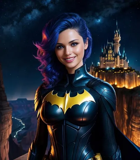 masterpiece,best quality,batman,tlsw,(short hair:0.5),(blue eyes:0.8), <lora:batman-000009:0.3>,castle,night sky,light smile,looking at viewer, standing,close-up, <lora:tlsw_v1.2_5400_lora:0.7>,canyon,cliff,synthwave,glowing neon lights,stars in the eyes,colored inner hair, Starry sky adorns hair, depth of field,