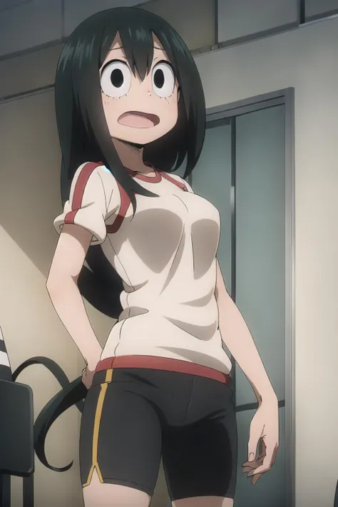 asui_tsuyu,solo, 1girl, pe uniform, shorts, shirt, gym shorts