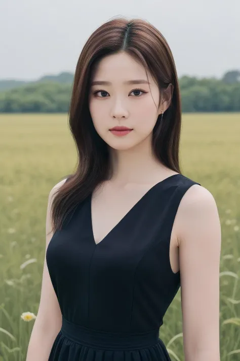 kmj1, a woman, (realistic), (hyperrealism), (photorealistic), depth of field, eye makeup:0.8, (upper body:1.2), (narrow waist), looking at the viewer, black dress, at the field, <lora:httpminju:0.45>