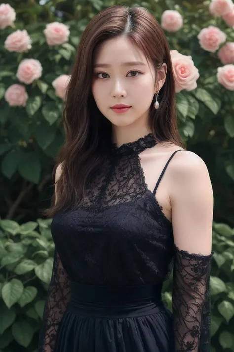 jwy1 a woman, (realistic), (hyperrealism), (photorealistic), depth of field, adult, (upper body:1.2), ((narrow waist:1.2)), eye makeup:0.5, looking at the viewer, portrait photo, black sleeved dress, at the rose garden, <lora:httpwony:0.35>
