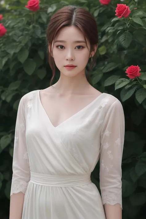 kmj1 a woman, (realistic), (hyperrealism), (photorealistic), depth of field, adult, (upper body:1.2), ((narrow waist:1.2)), eye makeup:0.5, looking at the viewer, portrait photo, black sleeved dress, at the rose garden, <lora:httpminju:0.35>