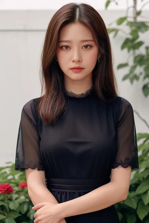 minjuv2 a woman, (realistic), (hyperrealism), (photorealistic), depth of field, adult, (upper body:1.2), ((narrow waist:1.2)), eye makeup:0.5, looking at the viewer, portrait photo, black sleeved dress, at the rose garden, <lora:httpminjuv2:0.35>