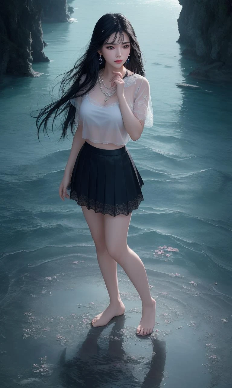 ultra realistic 8k cg, flawless, clean, masterpiece, professional artwork, famous artwork, cinematic lighting, cinematic bloom, perfect face, beautiful face, fantasy, dreamlike, unreal, science fiction, lace, lace trim, lace-trimmed legwear, luxury, jewelry, diamond, pearl, gem, sapphire, ruby, emerald, intricate detail, delicate pattern, charming, alluring, seductive, erotic, enchanting, hair ornament, necklace, earrings, bracelet, armlet,halo,
((( ,masterpiece, best quality, (full body:1, big view) 1girl, long black hair, wear school shirt and skirt, (standing in the center of sea, down body is cover in water), blue ocean )))