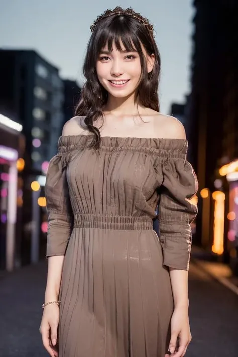 1girl, (wearing an evening dress:1.8),(RAW photo, best quality), (realistic, photo-realistic:1.4), masterpiece, an extremely delicate and beautiful, extremely detailed, 2k wallpaper, Amazing, finely detail, extremely detailed CG unity 8k wallpaper, ultra-detailed, highres, soft light, beautiful detailed girl, extremely detailed eyes and face, beautiful detailed nose, beautiful detailed eyes,cinematic lighting,(in the city at night:2.0),(night city view:1.6),perfect anatomy,(slender body:2.0),(laughing:1.4),(close up:2.2),(open eyes:2.0),(look at viewer),(front view:1.0),(young japanese girl:1.8),cinematic angle,(wavy long hair), (brown eyes:1.8),(standing:2.0), (cleavage:1.4), <lora:nukuiyuka_lora-03:0.8>