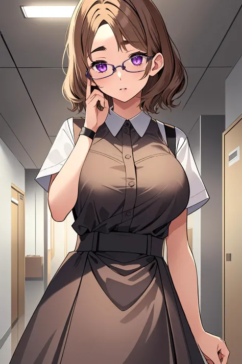 ((masterpiece, best quality, high quality)),1girl, (hospital), <lora:infirmary_v0.1:0.5> infirmary,  <lora:Mitsune Honda:0.7> (1girl, 3dcg 09, black-framed eyewear, eyebrow_through_hair, glasses, large breasts, light brown hair, mitsune honda, purple eyes, short hair, solo),